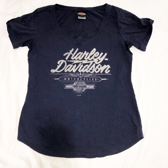 Harley-Davidson Tops - Harley Davidson Black Hills Blue Studded Womens Top Shirt Short Sleeves Sturgis